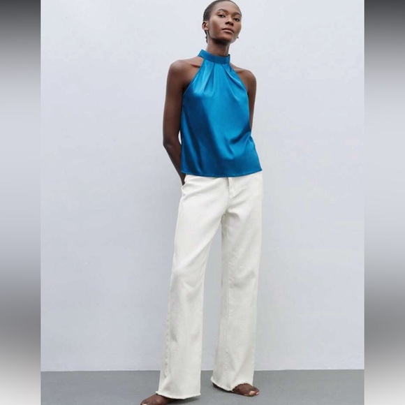 Teal Blue Satin Halter Blouse Top - Picture 10 of 15